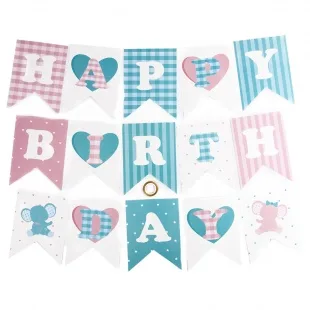 Гирлянда Флажки, Happy Birthday (орнамент Виши и сердечки), Голубой/Розовый, 200 см,