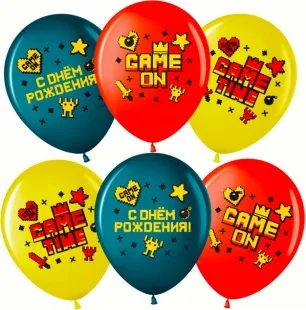 ВВ 12''/30 см Game Time, С Днем Рождения!, Ассорти, пастель, 2 ст, 25 шт. (Малайзия)