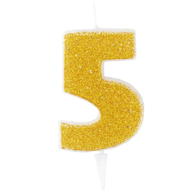 Свеча -цифра "5" Золотая Глиттер 6см
