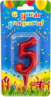 Свеча цифра "5" Овал, красная, с блестками, 8 см./ 1шт.