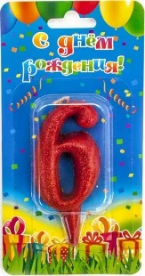 Свеча цифра "6" Овал, красная, с блестками, 8 см./ 1шт.
