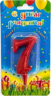 Свеча цифра "7" Овал, красная, с блестками, 8 см./ 1шт.