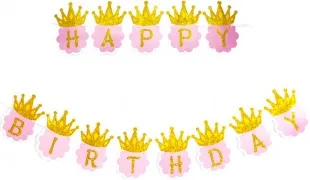 Гирлянда-буквы, Happy Birthday, Золотые короны, Розовый, 180 см, 1 шт.