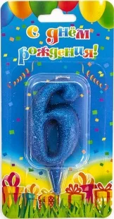 Свеча цифра "6" Овал, синяя, с блестками, 8 см./ 1шт.